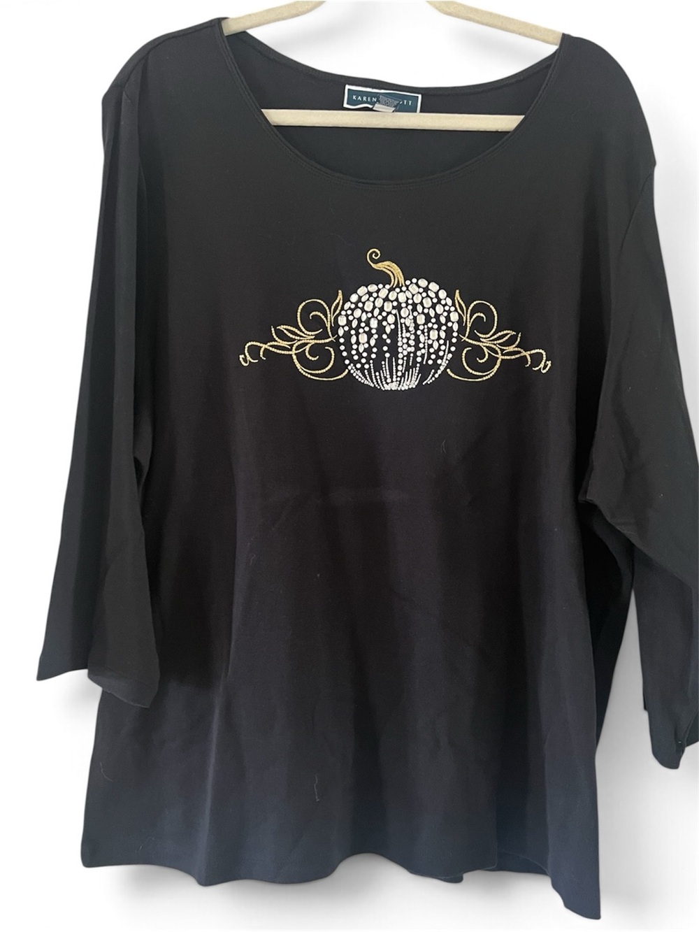 Karen Scott Black Three Quarter Length Top Glitter Holiday Pumpkin